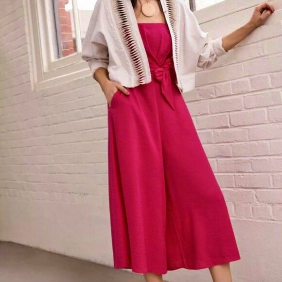 ANTHROPOLOGIE MAEVE Bright Pink Waist Tie Strapless Jumpsuit Romper – Size 6 - Picture 4 of 15